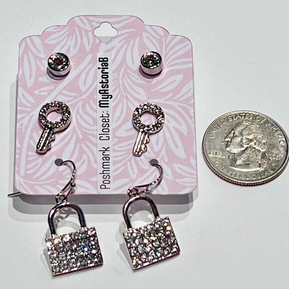 3 Pairs of Earrings Silver Tone Stud, Lock‎ and Key NWOT - Picture 1 of 3